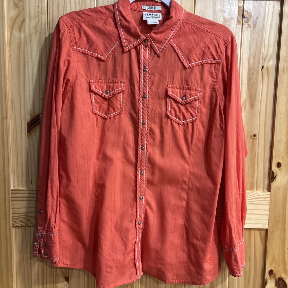 Ariat Women's Fitted Long Sleeve Front Snap Up Shirt Lrg Coral Western 100% Ctn